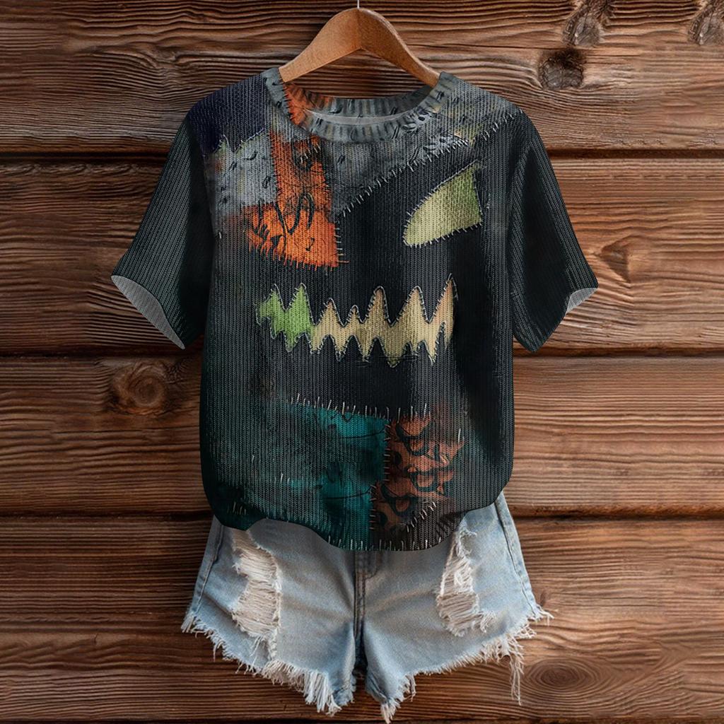 Women's Cute Sweater Knitted Fashion Casual Round-neck Short-sleeved  Cozy Print Top