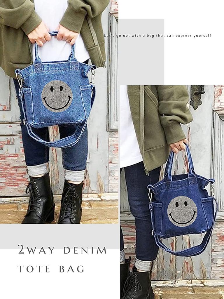 DIVA Rose Women's 2-Way Denim Tote Bag, Shoulder Bag, Small Mini Bag, Sparkling Smile Design (Light Blue)