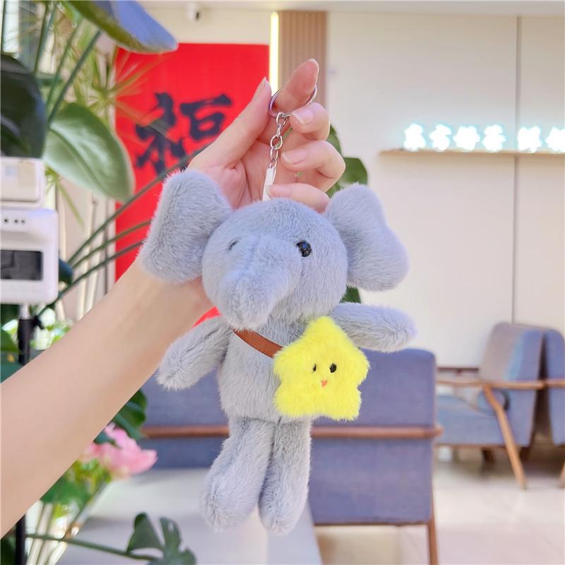 1Pcs Cute Star Elephant Keychain Small Animal Key Ring Bookbag Pendant Plush Toy Birthday Christmas Gift