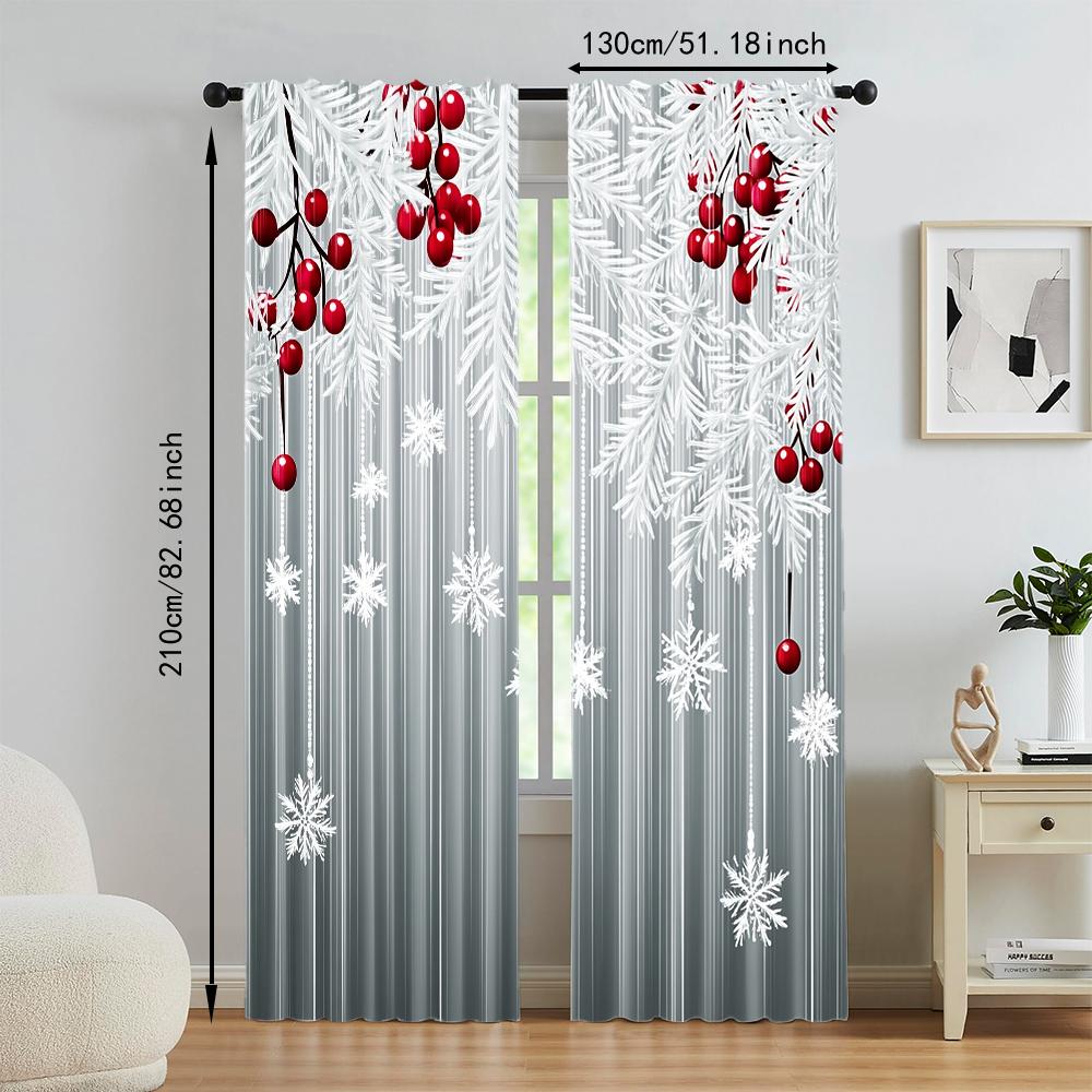 2 szt. Świąteczne Płatki Śniegu i Czerwone Jagody Nadruk Poliester Zasłony Okienne Z Tunelikiem Ułatwiający Zawieszenie Idealne Na