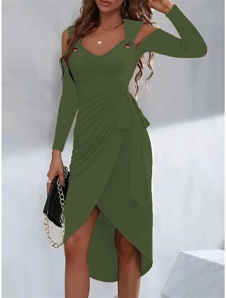 BITCED Women's Autumn and Winter Solid Simple Metal Button V-Neck Tie Dresses