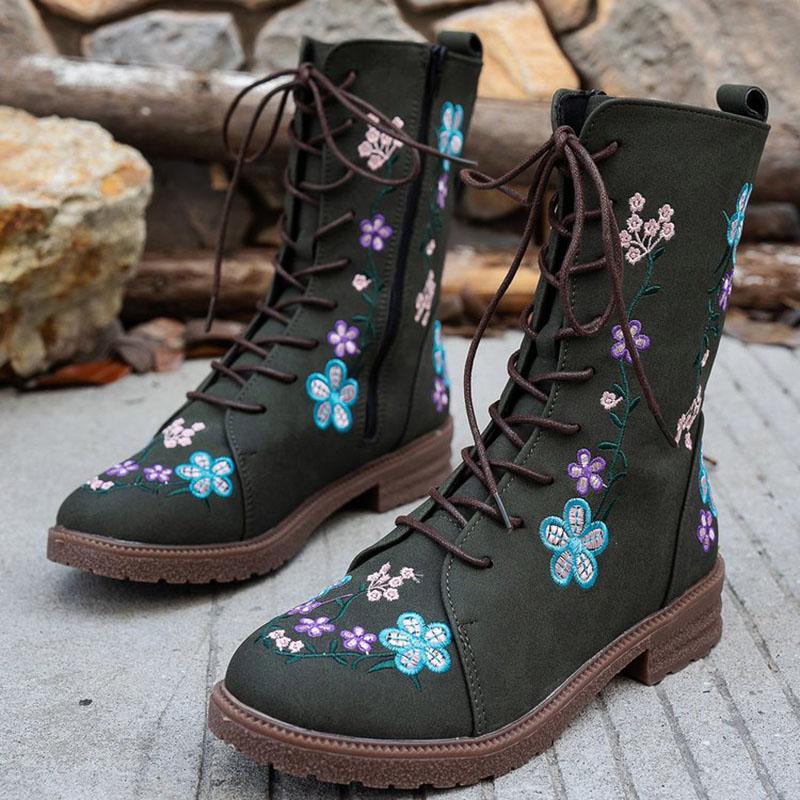 Woman Ankle Boots Retro Embroidery Spring Autumn Shoes Women Casual Thick Low Heel Side Zip Western Round Head Fashion Botines