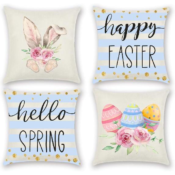 Easter Pillow Covers 18x18 Inch Happy Easter Decor Throw Pillow Covers Easter Bunnies Chicks Eggs Cushion Covers, He Is Risen Cushion Cases