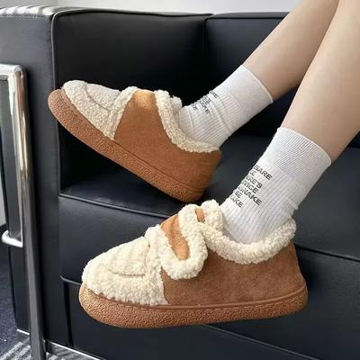 Outono Inverno Mulheres Botas Marrom Flanela Pelúcia Quente Casa Algodão Sapatos Plataforma Ao Ar Livre Botas De Neve Sola Macia Chinelos Domésticos