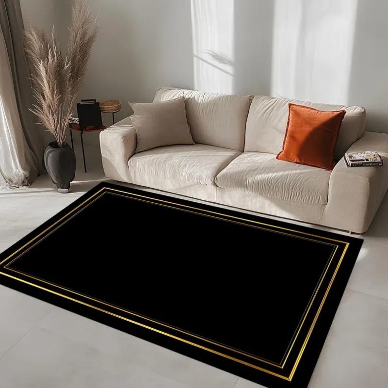 Moderní černozlatý oblastní koberec Minimalistický rámový koberec Luxusní elegantní podložka na podlahu Digitálně tištěný Glam domácí dekorace