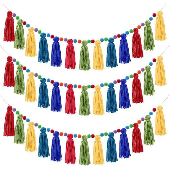 Syhood 3 Pcs Colorful Boho Tassel Garland Rainbow Pom Pom Each 50'' Colorful Tassel Garland Classroom Decoration Boho Banner for Kid Nursery Wall