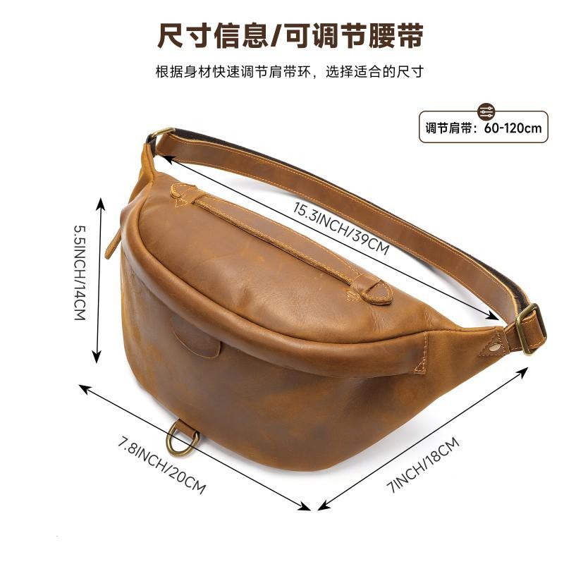 Crazy Horse Leather Retro Men's Waist Bag Outdoor Sports Single Shoulder Crossbody Large Capacity Leisure Multi Functional Chest