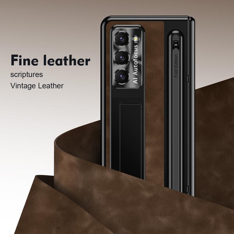 Leather Bracket Pen Slot With Stylus Case For Samsung Galaxy Z Fold7 6 5 4 Glass Screen Hinge Protection Cover For Z Fold 6 Slim