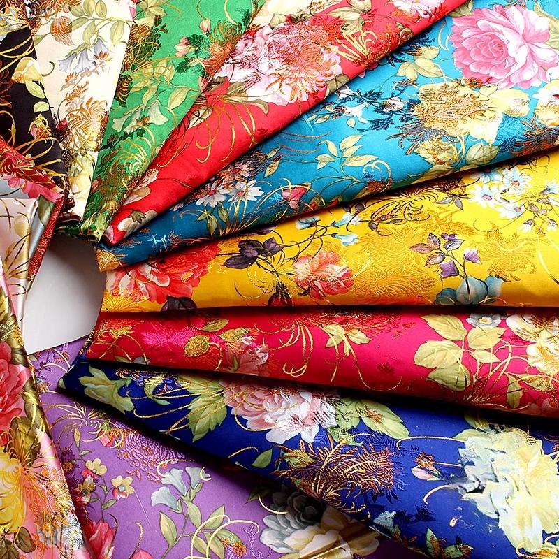 100x70cm Brocade Jacquard Silk Fabric DIY Ancient Costume Hanfu Tang Costume and Cheongsam Is Golden Thread Peony