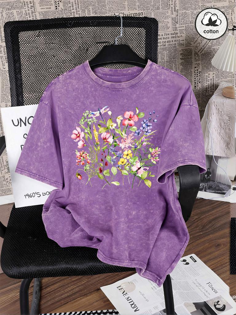 Beautiful Flowers Dragonflies Print Washed TShirts Womens Cotton Oversize T Shirt Summer Short Sleeve Tops Basic ONeck Clothes
