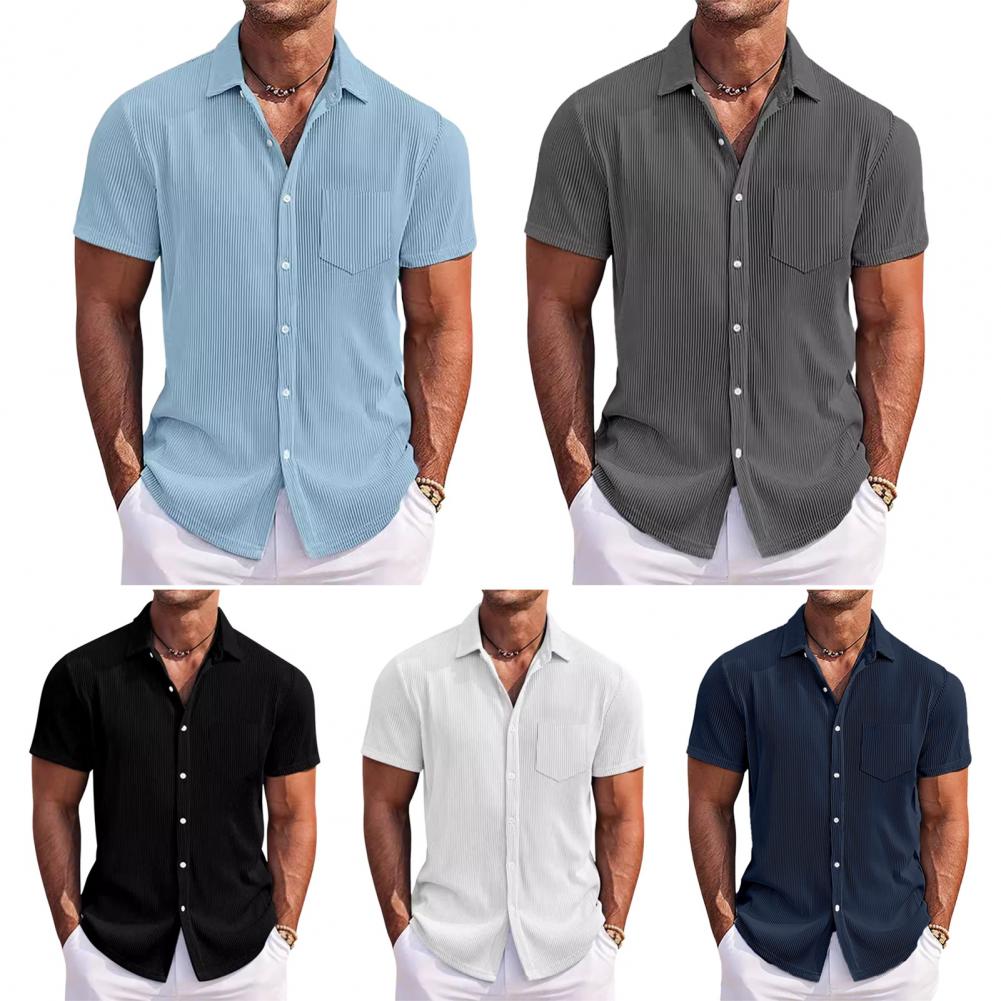 Summer Men Shirt Turn-down Collar Single-breasted Loose Plus Size Mid Length Solid Color Chest Pocket Short Sleeves Streetwear D