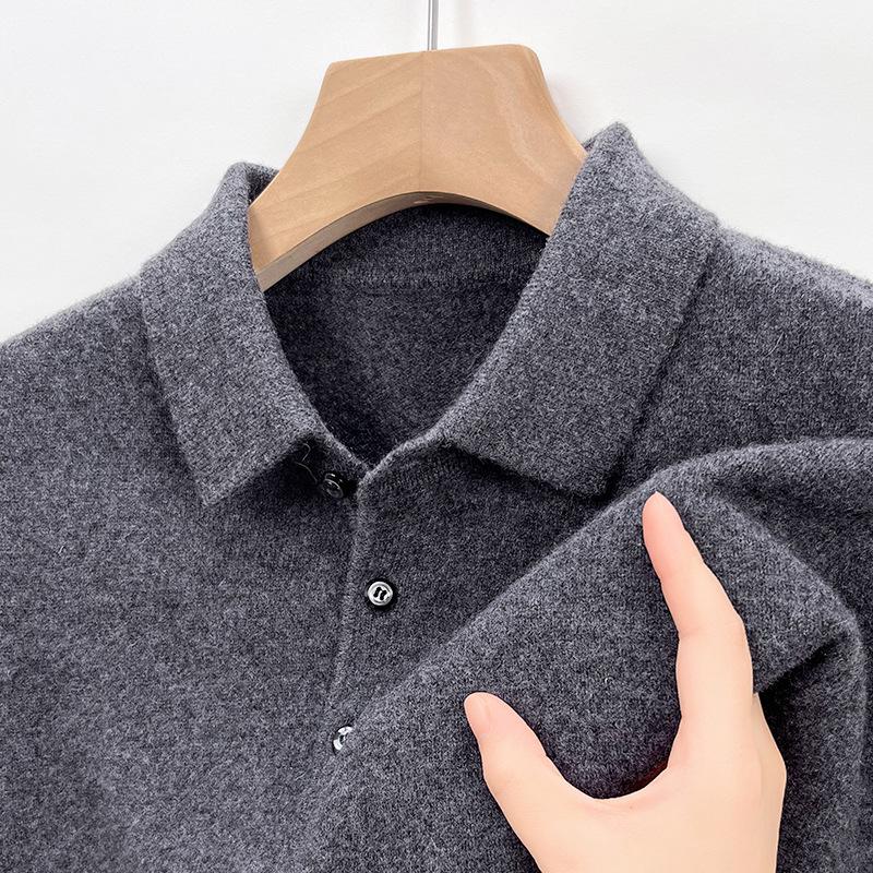 

2025 Men s Solid Color Thick Knit Polo Sweater with Long Sleeve and Lapel - Autumn/Winter Collection L