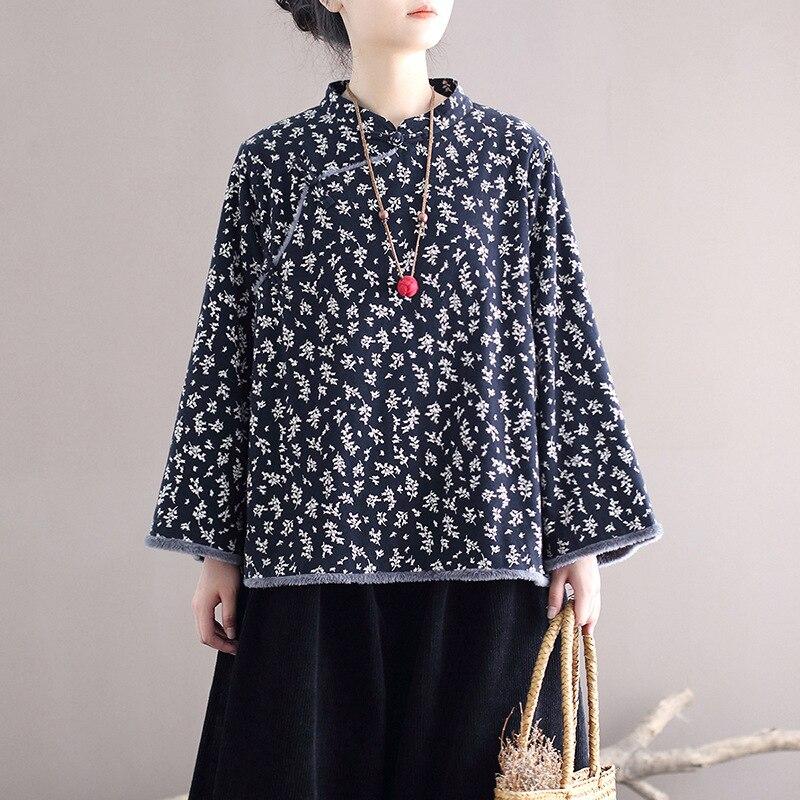 Johnature Women Buckle Plus Velvet Cotton Clothing Stand Print Floral Loose Long Sleeve Coats Winter Chinese Style Coat