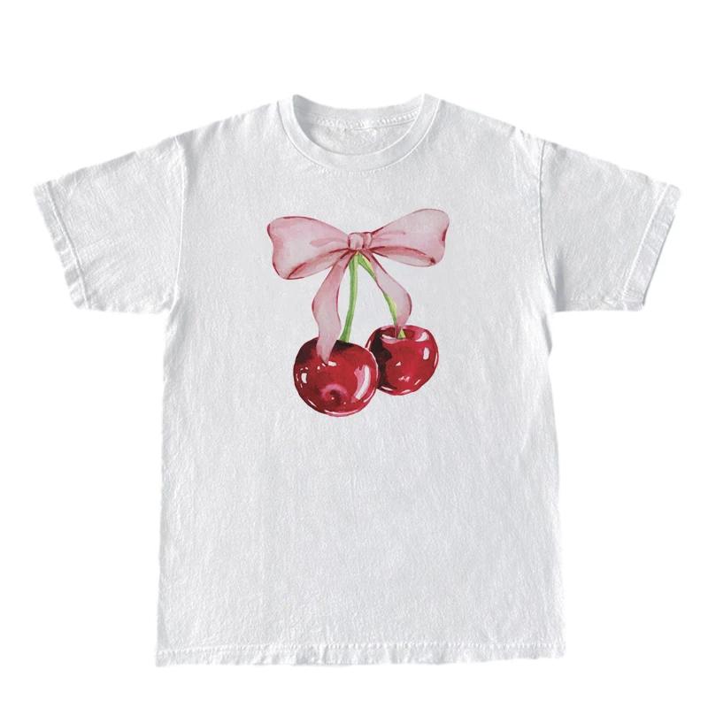 Cherry Bow Printed Womens Vintage TShirt Trendy Cute Coquette Tee Shirt Short Sleeve Cottagecore Aesthetic Tops FeUnisex Clothes