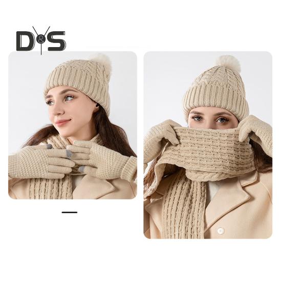 3 Pcs/Set Unisex Winter Hat Scarf Gloves Set Thick Knitted Ear Protection Cap Gloves Stretchy Plush-lined Windproof Winter Dome Beanie Neck Wrap Set