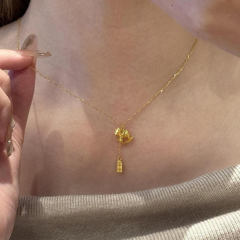 K real gold electroplated pony peace talisman necklace new Chinese retro temperament clavicle chain natal year light luxury neck chain