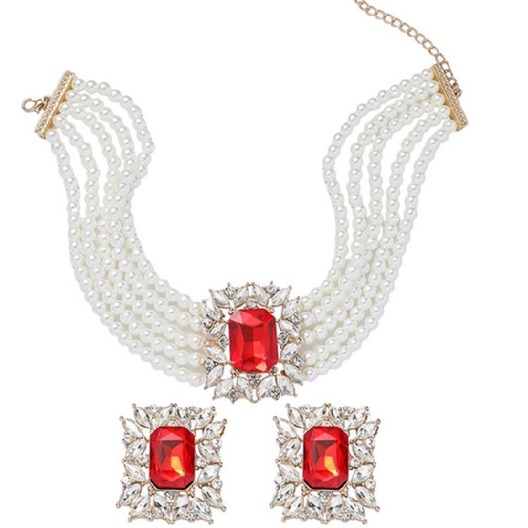 Chic Geometric Design Colorful Crystal Accented Layering Pearls Necklace And Earrings Jewelry Set for Gatherings
