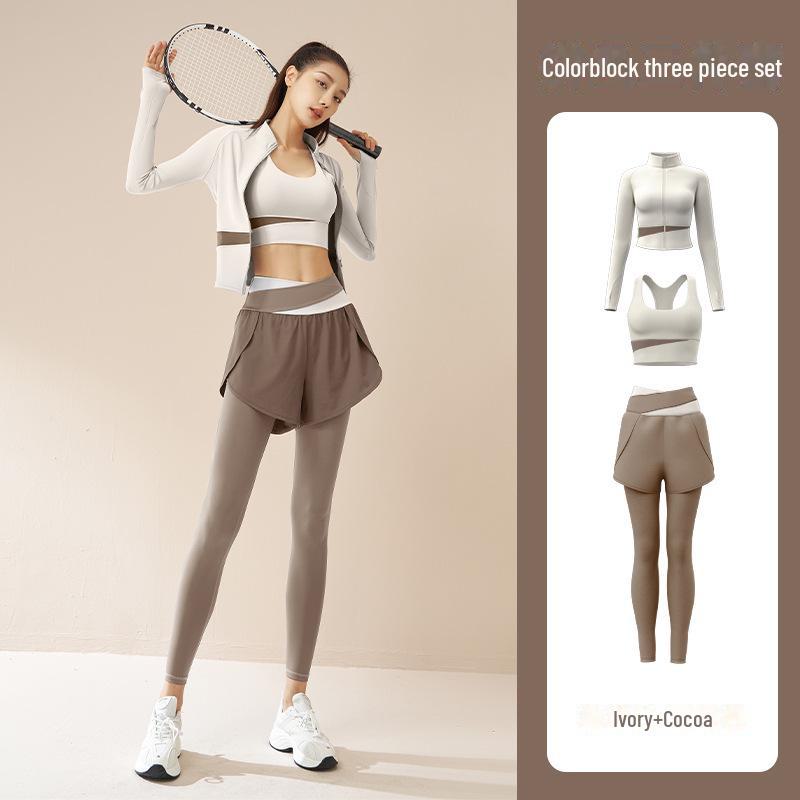 Juyitang Women's Color-Matching Yoga Three-Piece Set - Breathable Slim Fit Sportswear.