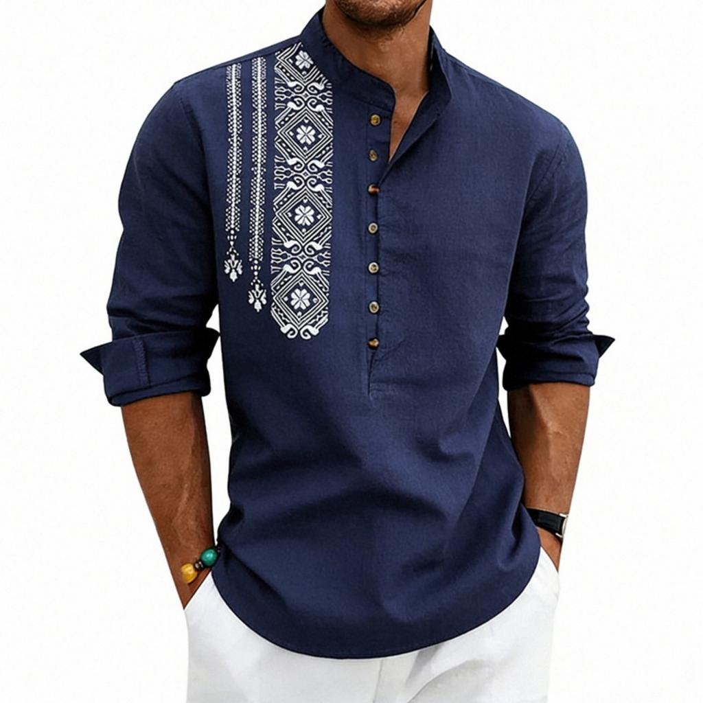 Men’s Long Sleeve Henley Shirt with Ethnic Embroidery Pattern Casual Loose Fit Button Front Design