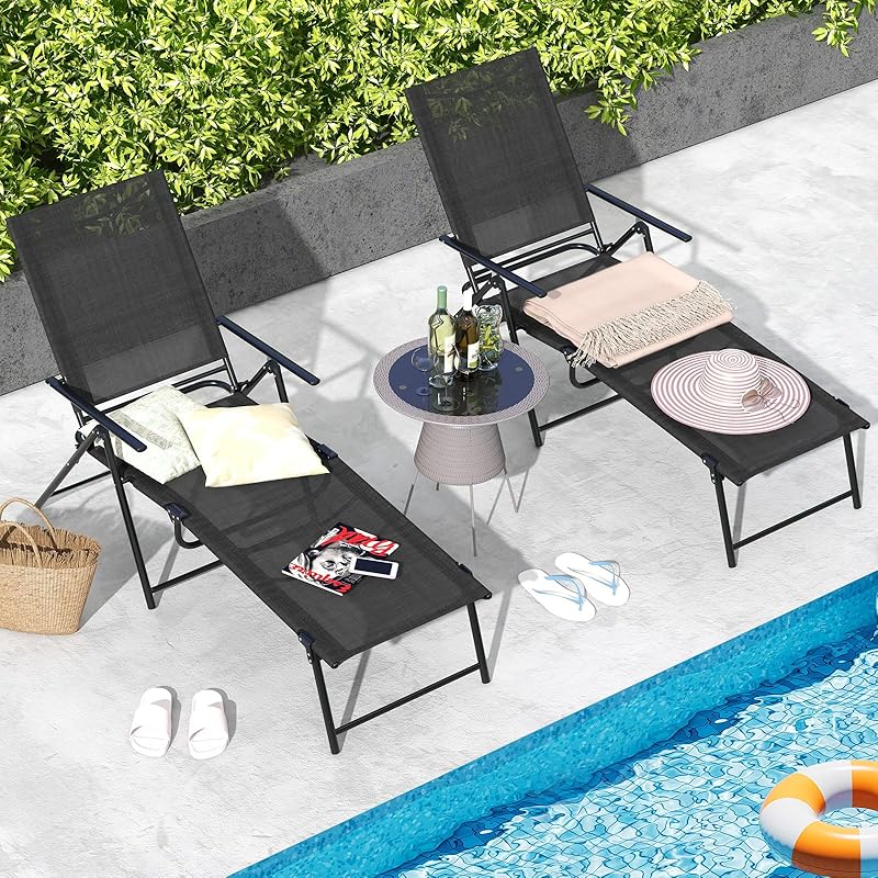 GYMAX Outdoor Chair Garden Chair 2 Leg Set Folding Recliner Chair Leisure Chair Load Capacity 150kg Waterproof Stable Garden Beach Balcony Poolside