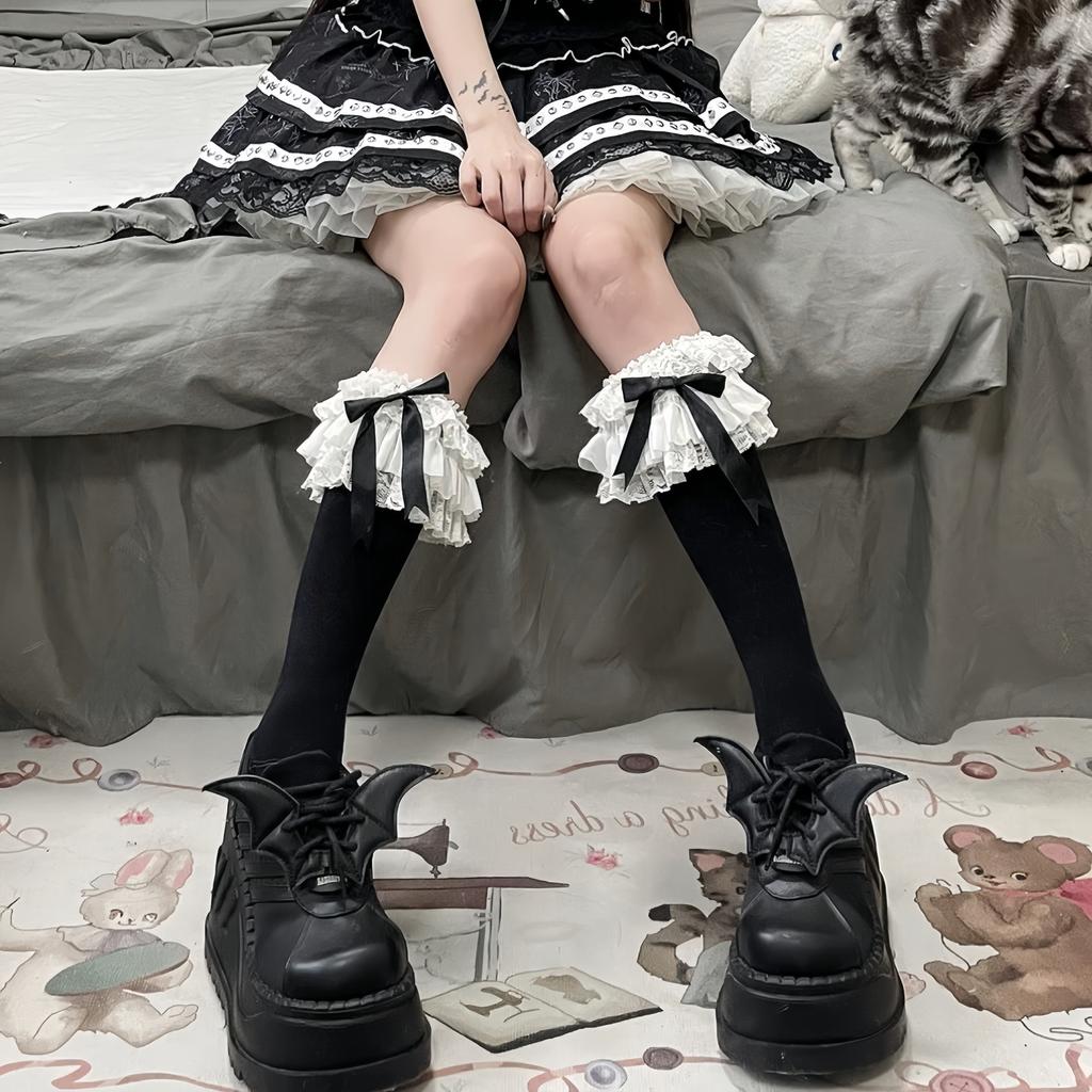 2026Lolita Multi-layer Lace Lace Calf Socks, Bow Cotton Socks, Thigh-high Socks, Beautiful Fairy Japanese-style Mid-calf.