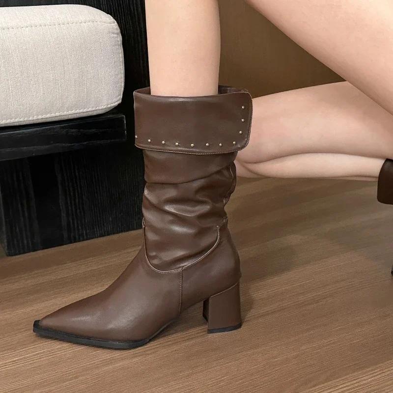 Fashion Autumn Winter Women Boots Point Toe High Heels Retro Ladies High-end Leather Chelsea Boots Platform Mid Calf Boots Female Botas