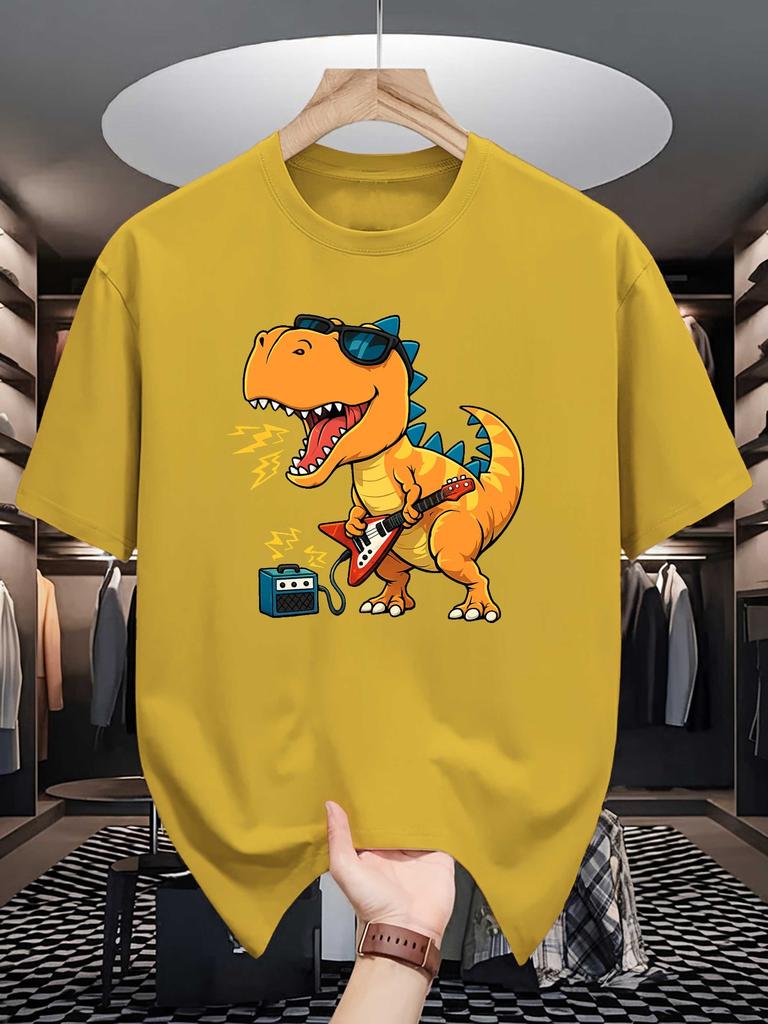 Unisex Red Tee Rock Guitar Sunglasses Dinosaur Cartoon Graphic Print Crew Neck Short Sleeve Summer Casual Male Cotton Street Top