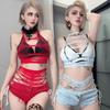 Pantaloncini di Jeans da Donna a Vita Media con Lacci Laterali Cutout Vestibilità Slim Hot Pants Alta Elasticità Orlo Grezzo Sfilacciato per Street Club Party