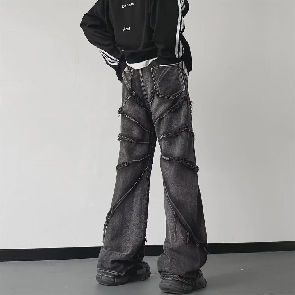 Men’s Washed Black Wax-Coated Flared Jeans