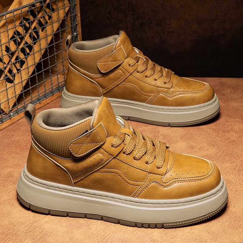 Spring Wheat Leather Men's Shoes Trendy Versatile Sports and Leisure Shoes Genuine Leather Board Shoes Retro Tooling Medium Help Martin Boots