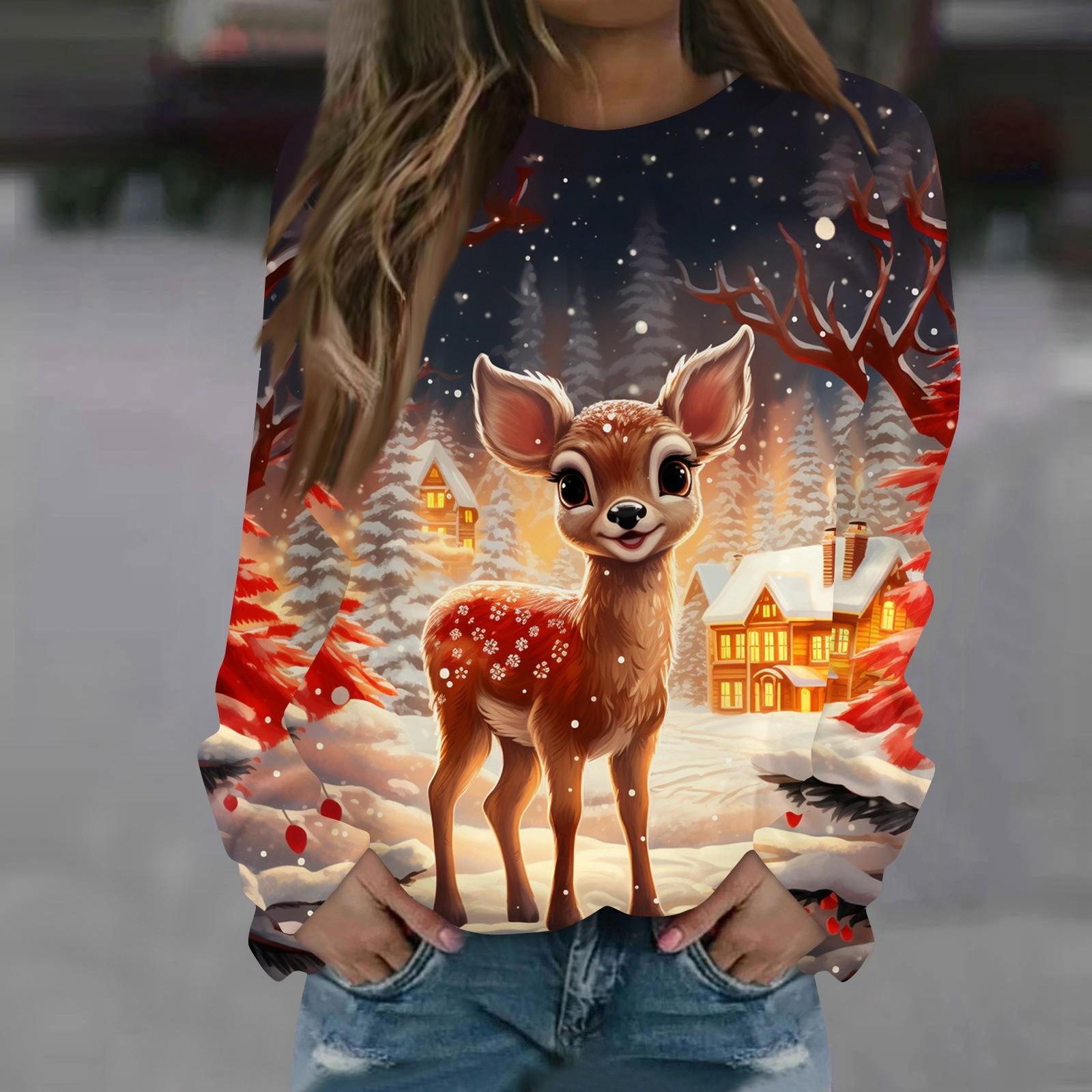 

Женская повседневная мода с рождественским принтом и длинным рукавом с круглым вырезом, пуловер, блузка, толстовка XXXL розовый