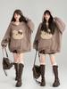 Women Pure Cotton Cute Bear Pullover Autumn Winter New Casual Plush Loose Asymmetric Hooded Sweatshirt Female Top