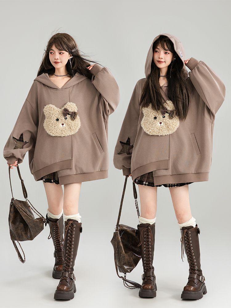 Women Pure Cotton Cute Bear Pullover Autumn Winter New Casual Plush Loose Asymmetric Hooded Sweatshirt Female Top