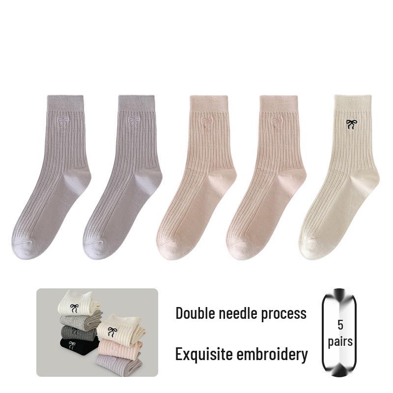 Girls' Mid-Calf Seamless Cotton Socks with Butterfly Embroidery - Wear-Resistant, Anti-Pilling, for Spring and Autumn