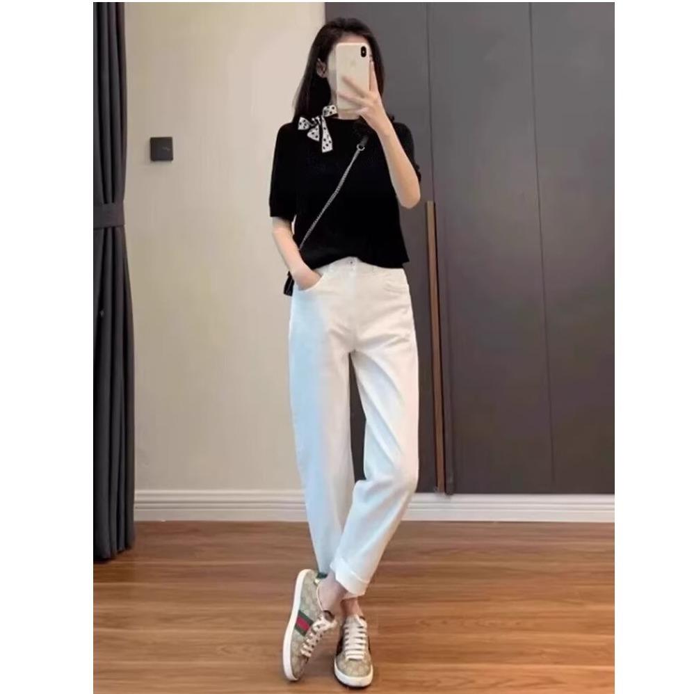 

Женские белые джинсы галифе с высокой посадкой - Свободный крой, укороченные брюки-морковки для весны и осени 2024 M белый