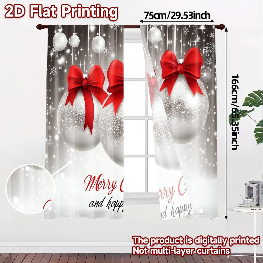 2pcs,Curtains Christmas Baubles Red Bows Popular Fashionable Curtains Durable 100% Polyester Fabric Curtains Decorations