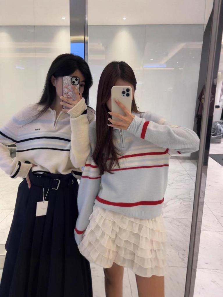 Women's Autumn/Winter 2025 Striped Polo Neck Zipper Knitwear