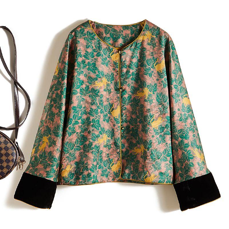 

New Chinese Style Satin Cotton Tops! Elegant Women s round Neck with Shoulder Sleeves Lazy Style Contrast Color Sleeve Printing Outwear Spring & Fall Color 4XL