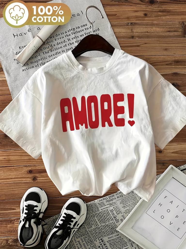 Amor Letter Print Cotton Womens Graphic TShirt Soft Crew Neck Short Sleeve Top Harajuku Shirt Floral Design