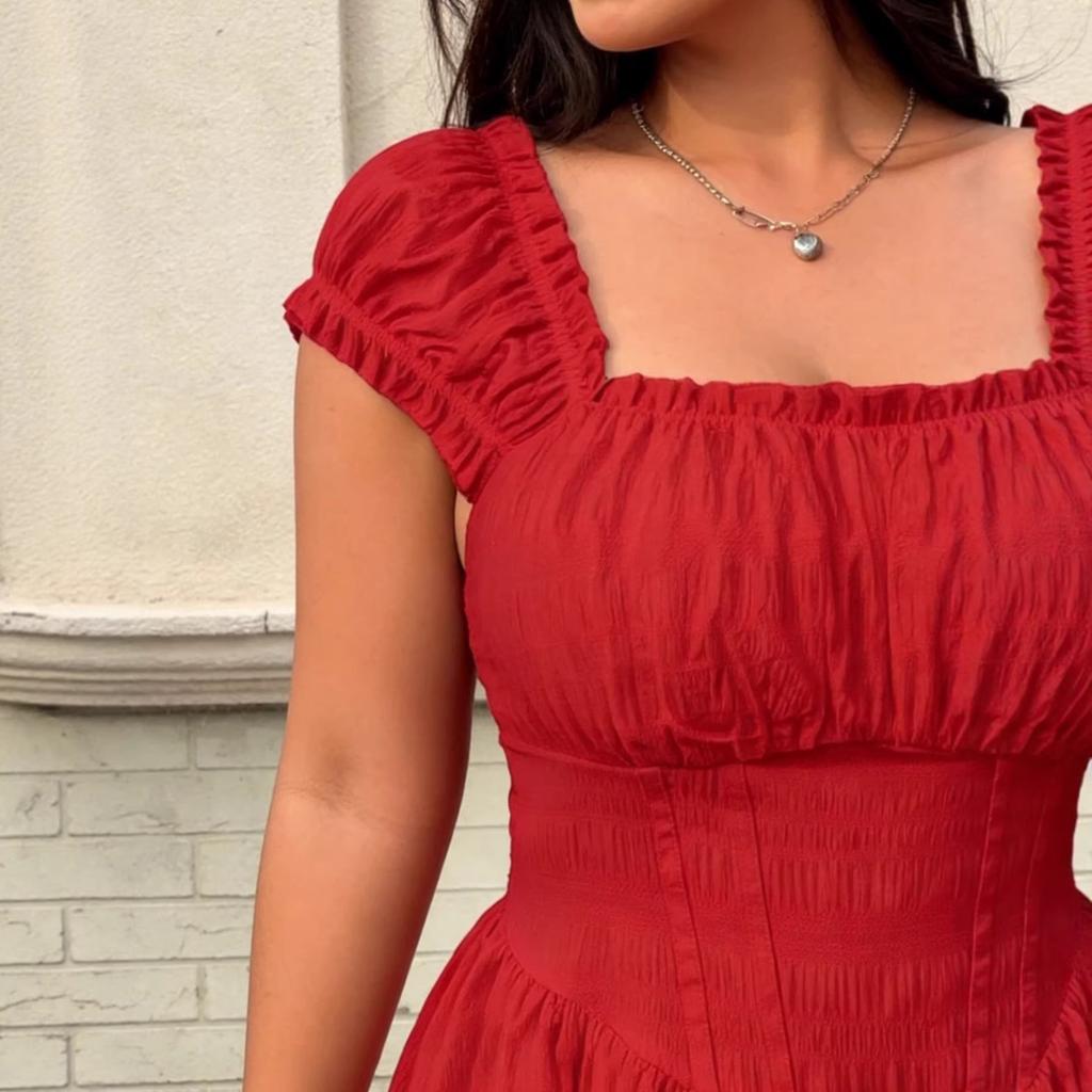 Cross-border Special Supply of Large Size Red Square Collar Waist Double-layer Skirt Dress, European and American Foreign Trade Women's Clothing Party