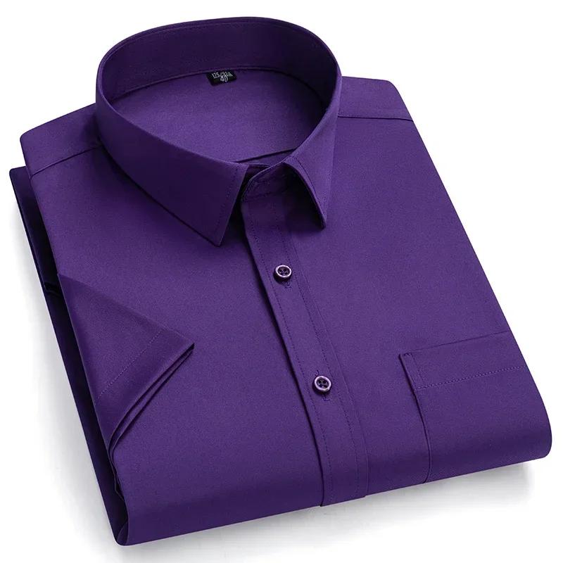 Camisa Masculina de Verão Não Amassa Anti-Rugas Casual de Negócios Cor Sólida Elástica Lisa Manga Curta Trabalho Social