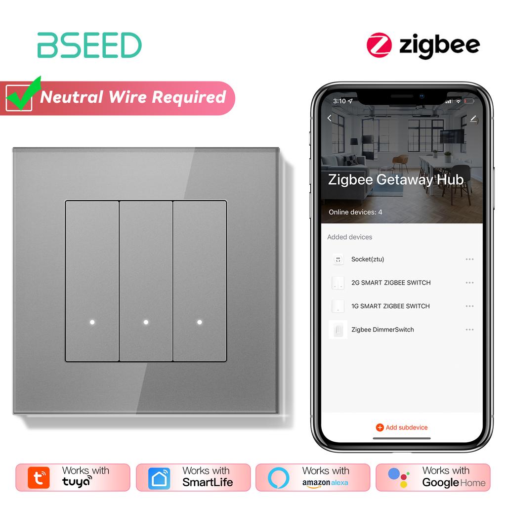 BSEED ZigBee Click Switches Series Wall Smart Click Light Switches Yellow Backlight Glass Frame Tuya APP Switch EU Standard