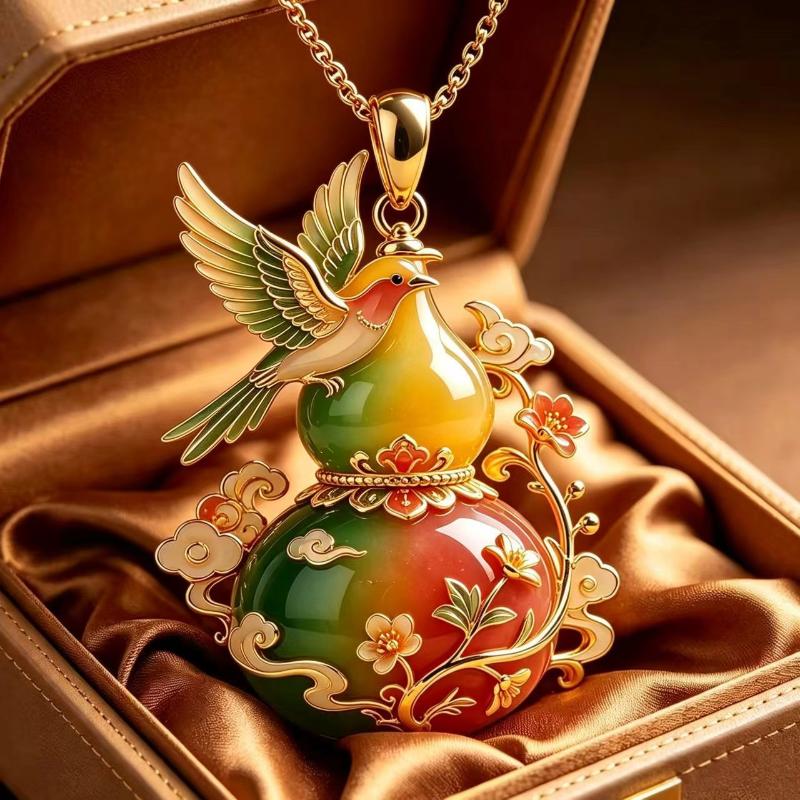 Collier pendentif gourde plaqué or Émail Oiseau Motif floral Bijou délicat pour femme Cadeau d'anniversaire