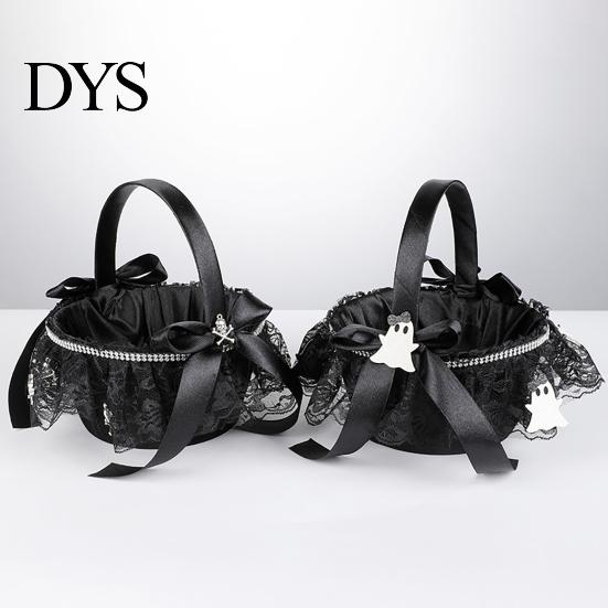 Durable Halloween Basket Black Flower Girl with Handle And Bow, Gothic Satin Lace for Wedding Ceremony, Bridal Party, Home Decor Decorative Masquerade