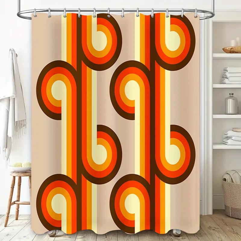 Modern Retro Bathroom Decor Shower Curtain with Vibrant Stripes for Home Bath Design Orange Red Yellow Brown Colorful