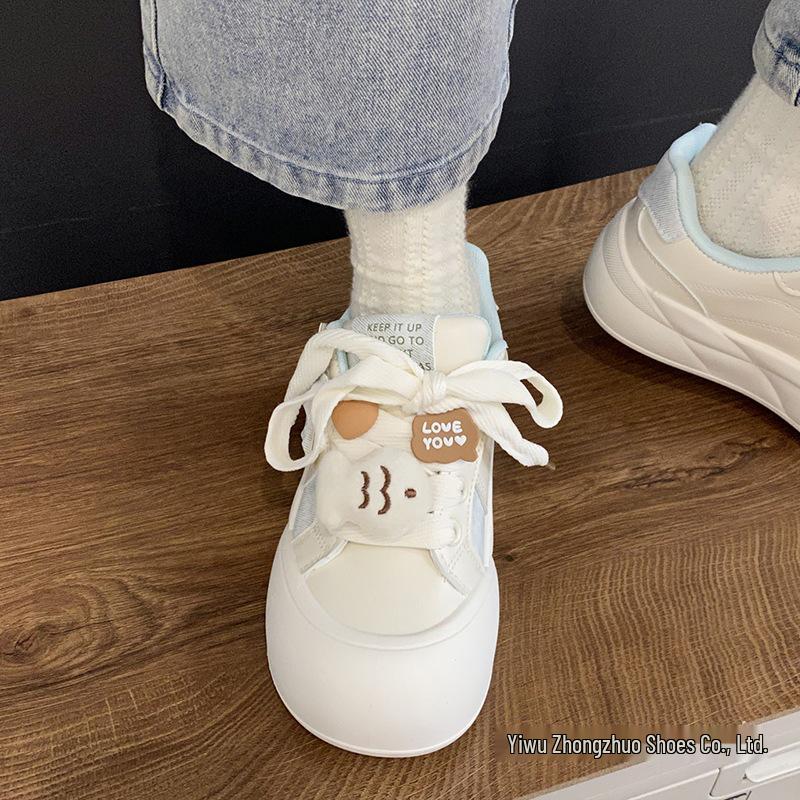 Niche Cute Big Head White Skate Shoes for Women - 2025 Autumn Breathable Thick Sole Casual Sneakers