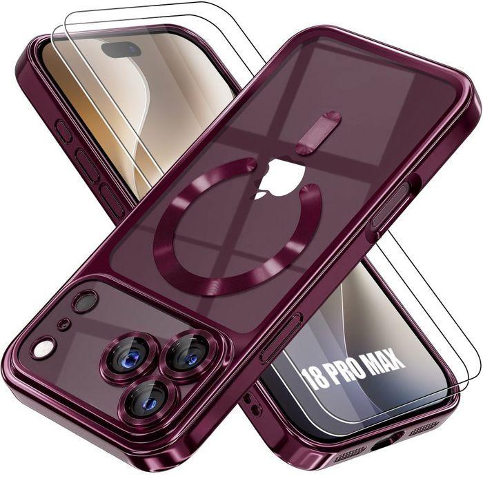 Case + 2 Tempered Glasses for iPhone 18 Pro Max, TPU Protection with Magnetic Ring - Burgundy
