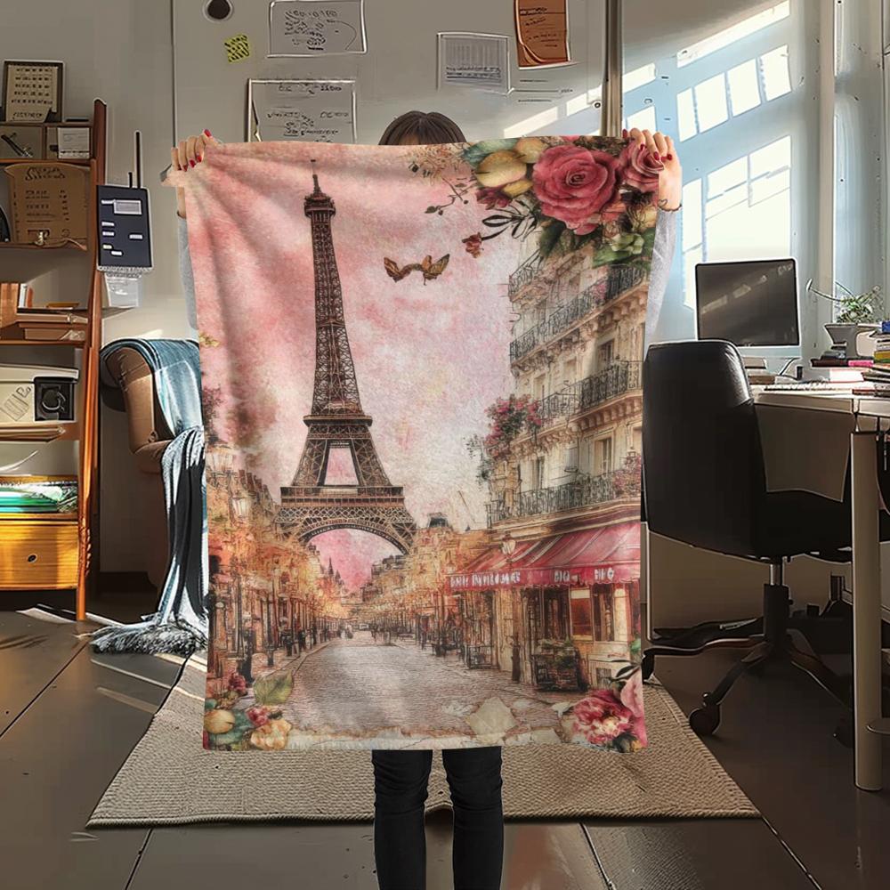1Pc Eiffel Tower Art Print Flannel Blanket, High quality Comfortable for All Seasons, Home Decor, Warmth and Comfort, Perfect for Gifts