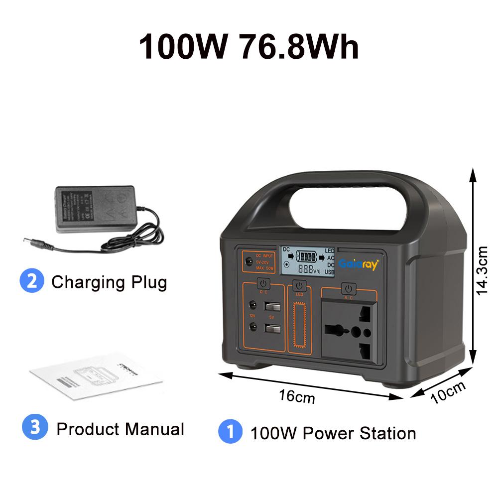Gaiaray 100W Powerstation Tragbarer Solargenerator 76,8Wh 220V LiFePO4-Akku USV Notstromaggregat LED-Licht für Camping