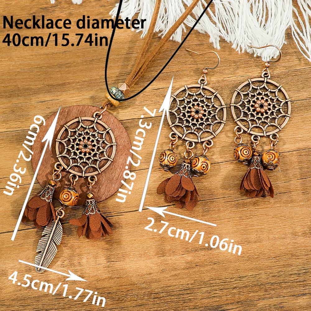 3pcs Brown Earrings+Necklace Zircon Set Tassel Hollow Out Ornaments Pendent Necklace Sweater Chain Daily Wear Gifts